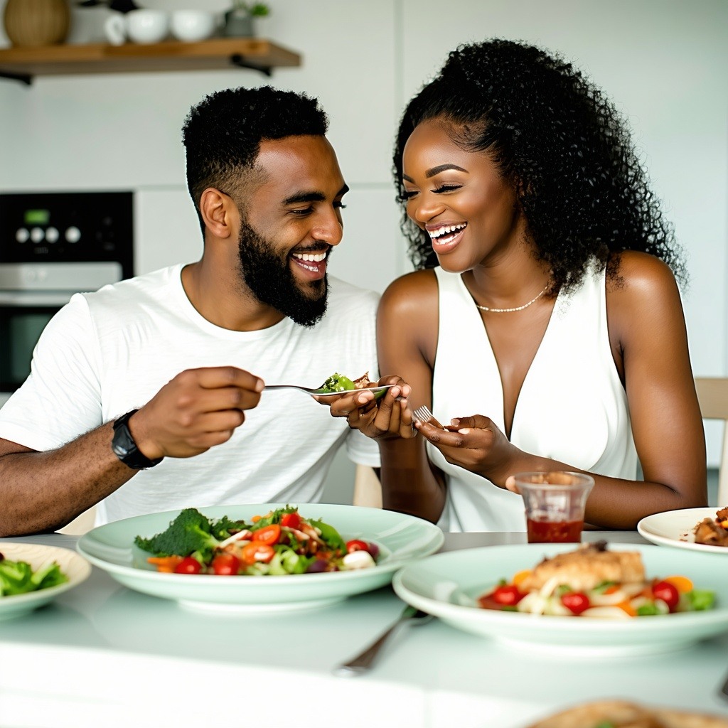 Happy couple sitting a home at the table enjoying a nice meal